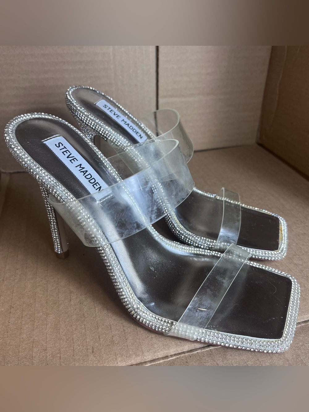 Steve Madden Clear PVC Strap High Heel Silver Rhinestone Translucent Stiletto